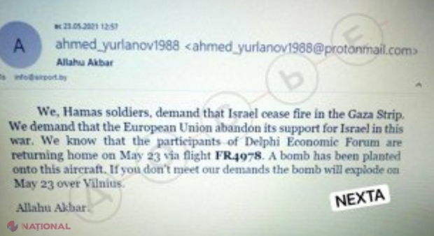 Gafă a KGB-ului? Ameninţarea cu bomba prin e-mail atribuită de Belarus grupării Hamas a fost trimisă după ce deturnarea avionului Ryanair începuse