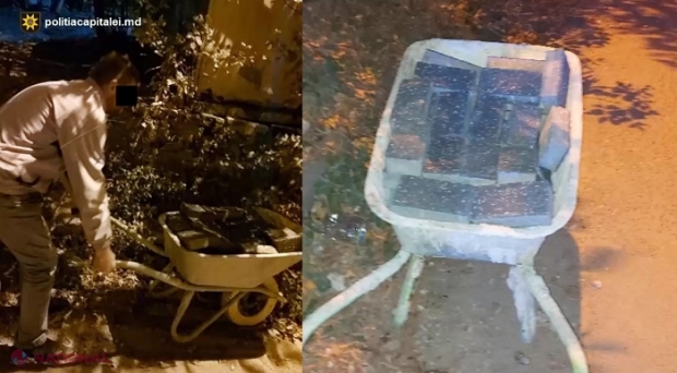 VIDEO // Momentul în care un bărbat FURĂ pavajul care urma să fie instalat într-un parc din Chișinău: Căra cu roaba ca să-și facă un „trotuar acasă”