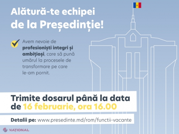 Oportunitate pentru cei care vor să MUNCEASCĂ în aceeași echipă cu Maia Sandu. Președinția a anunțat un CONCURS pentru ocuparea mai multor funcții vacante