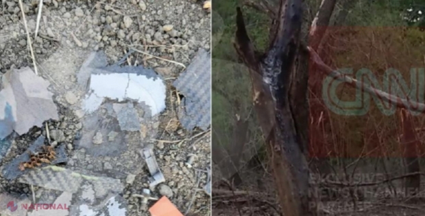 FOTO // Cum arată locul din România în care au căzut bucăți dintr-o dronă rusească: copaci rupți, zone arse și resturi metalice