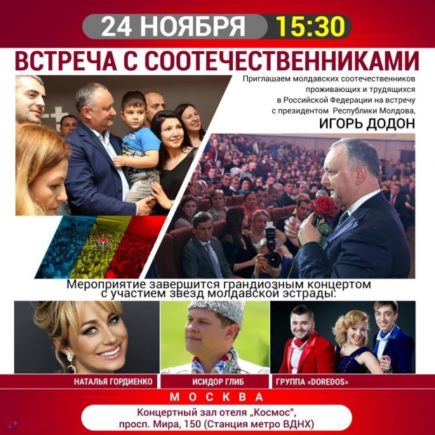 Președintele Dodon, o nouă vizită ELECTORALĂ în Federația Rusă: Va fi însoțit și de interpreții Natalia Gordienco, Isidor Glib, dar și de formația „Doredos”